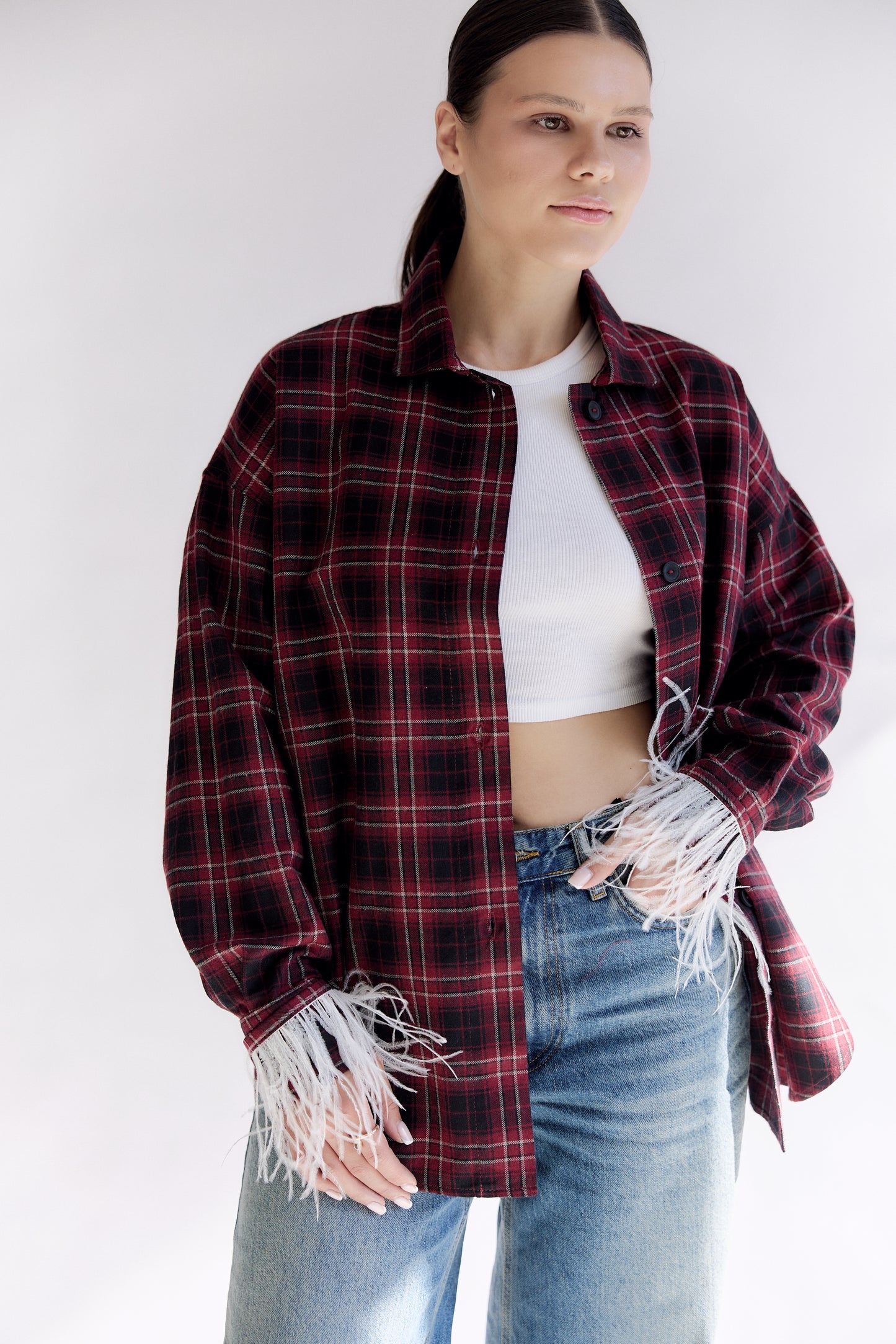 Oversized Plaid Shirt with Detachable Feather Cuffs and Jabot