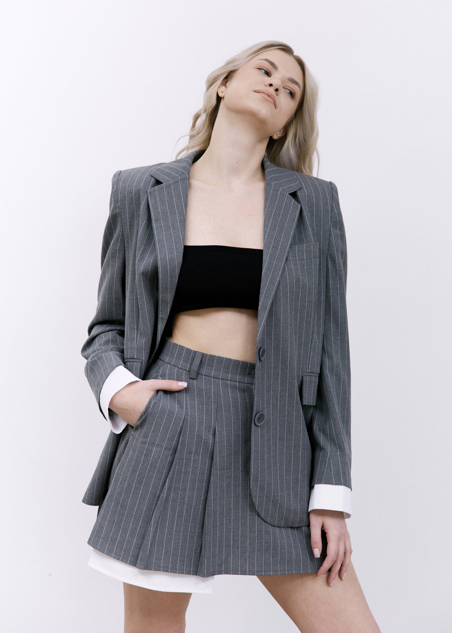 Gray Striped Blazer with Removable White Cuffs