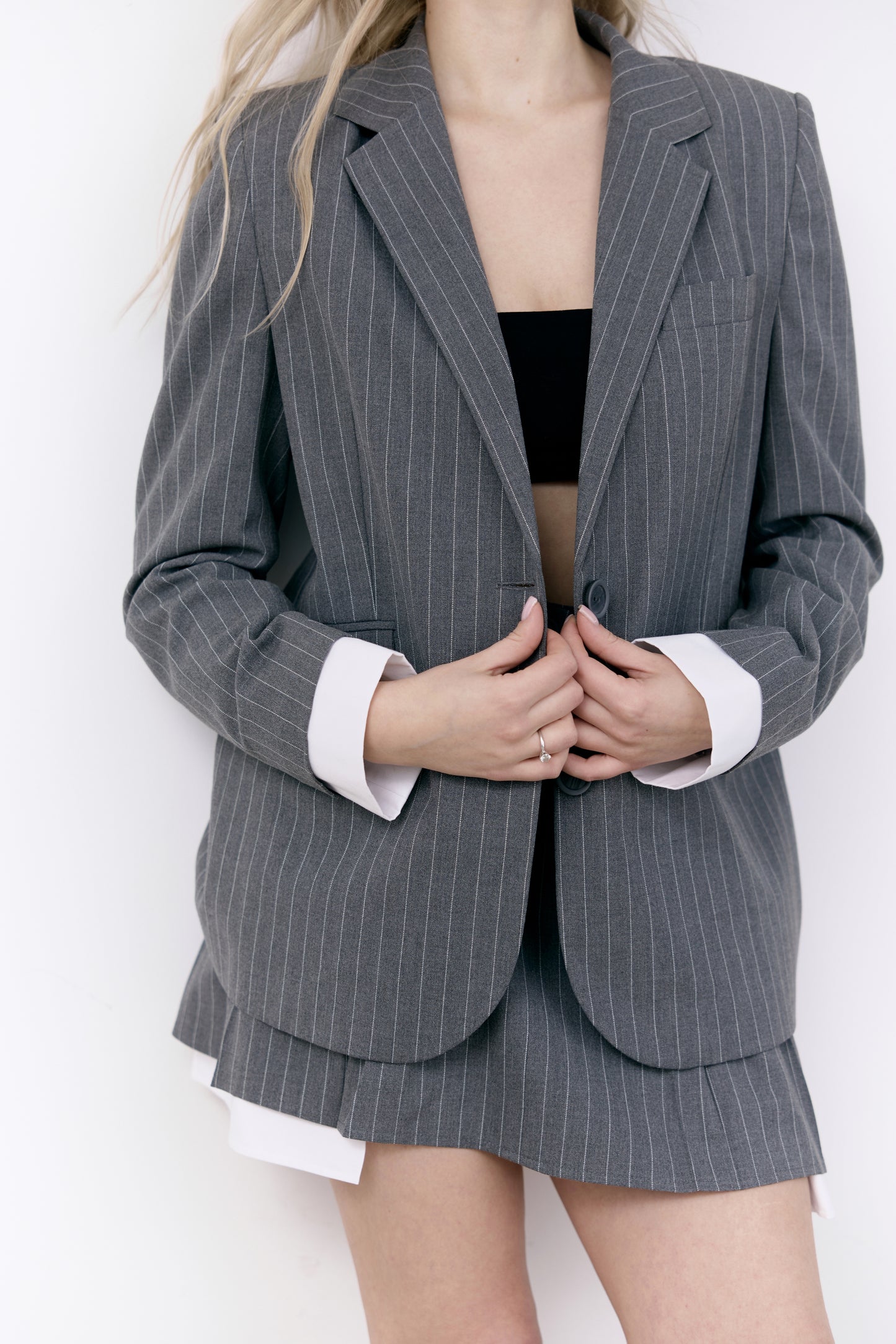 Gray Striped Blazer with Removable White Cuffs