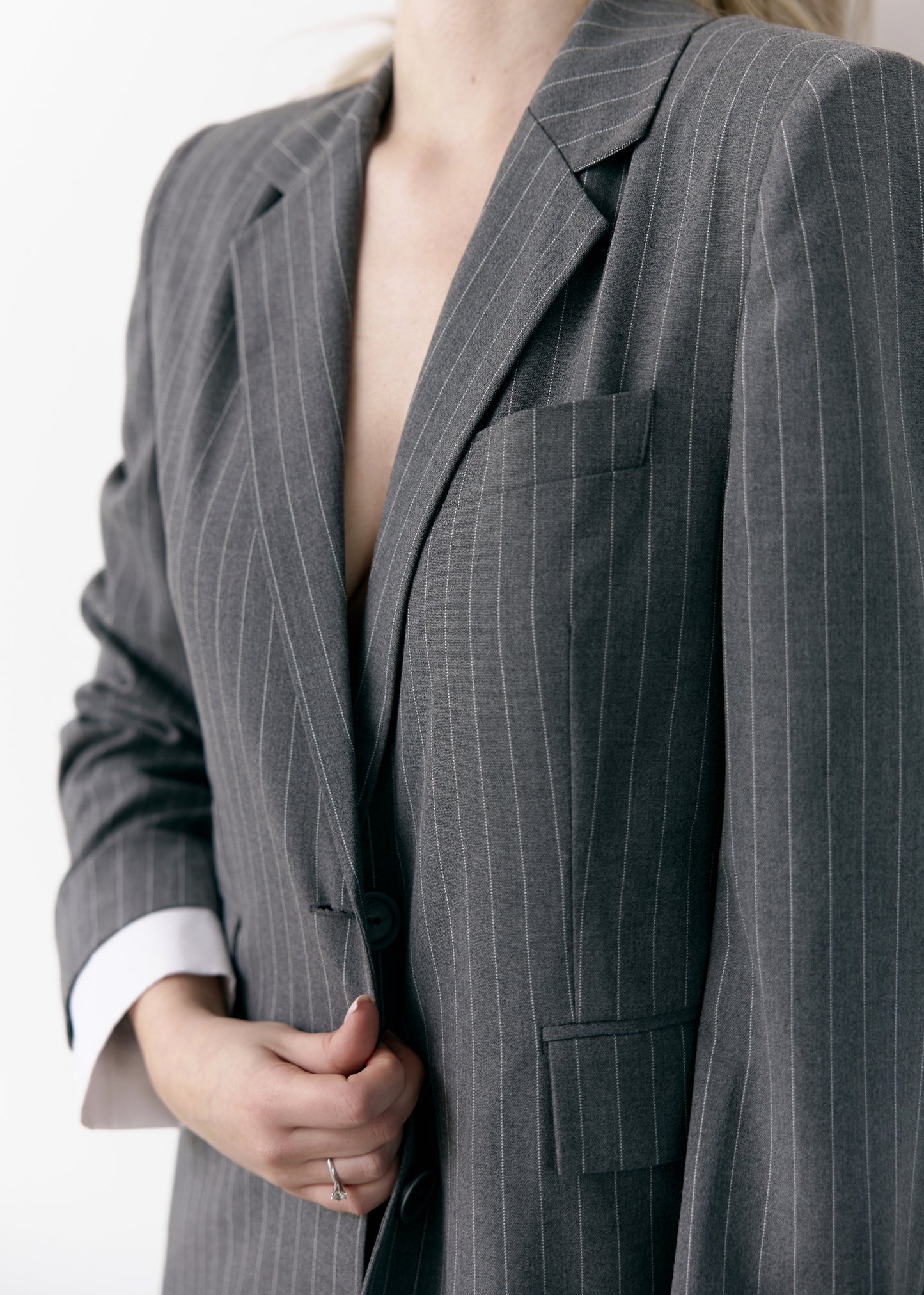 Gray Striped Blazer with Removable White Cuffs