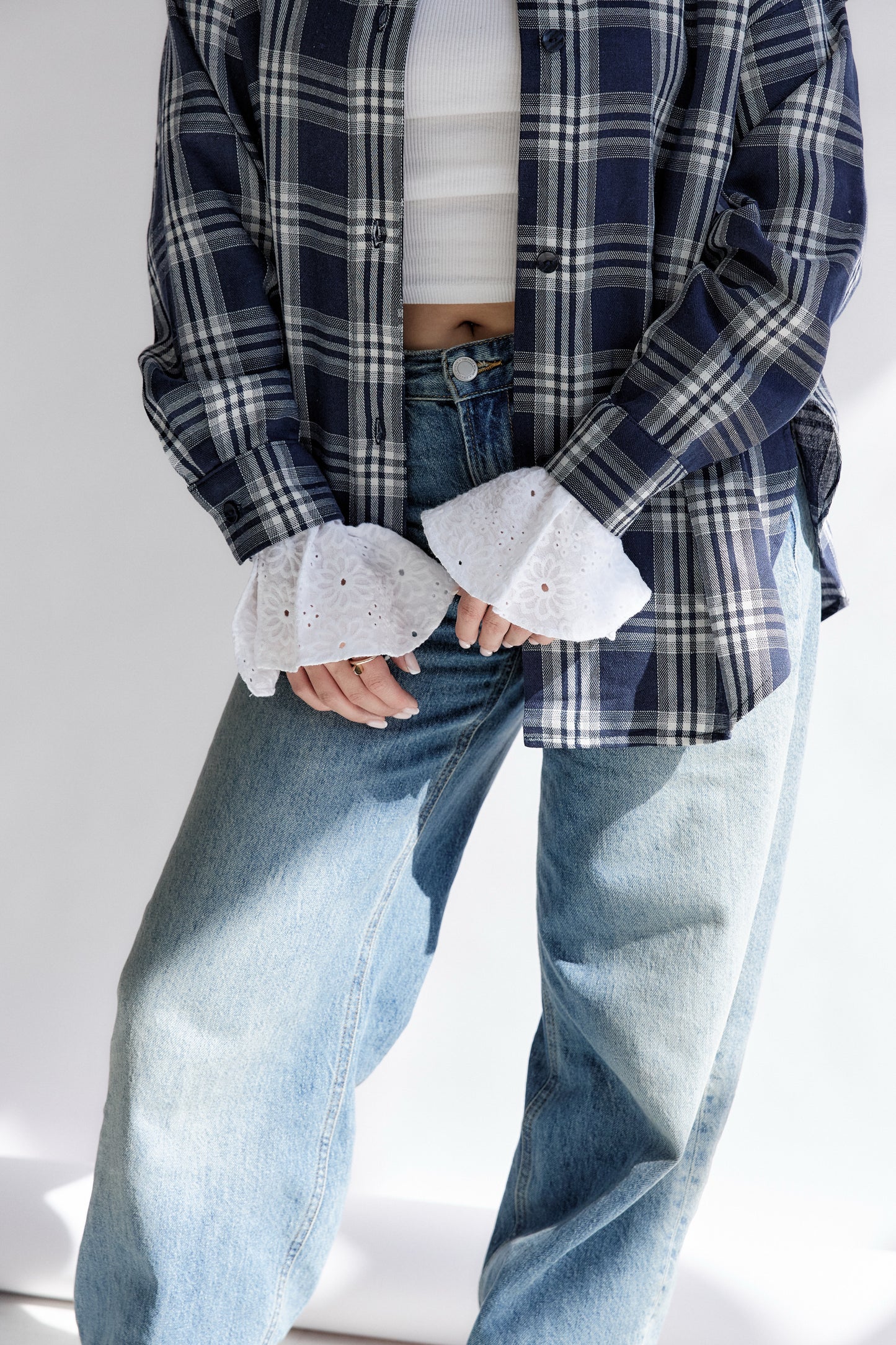 Oversized Plaid Shirt with Removable Feather Cuffs and Jabot