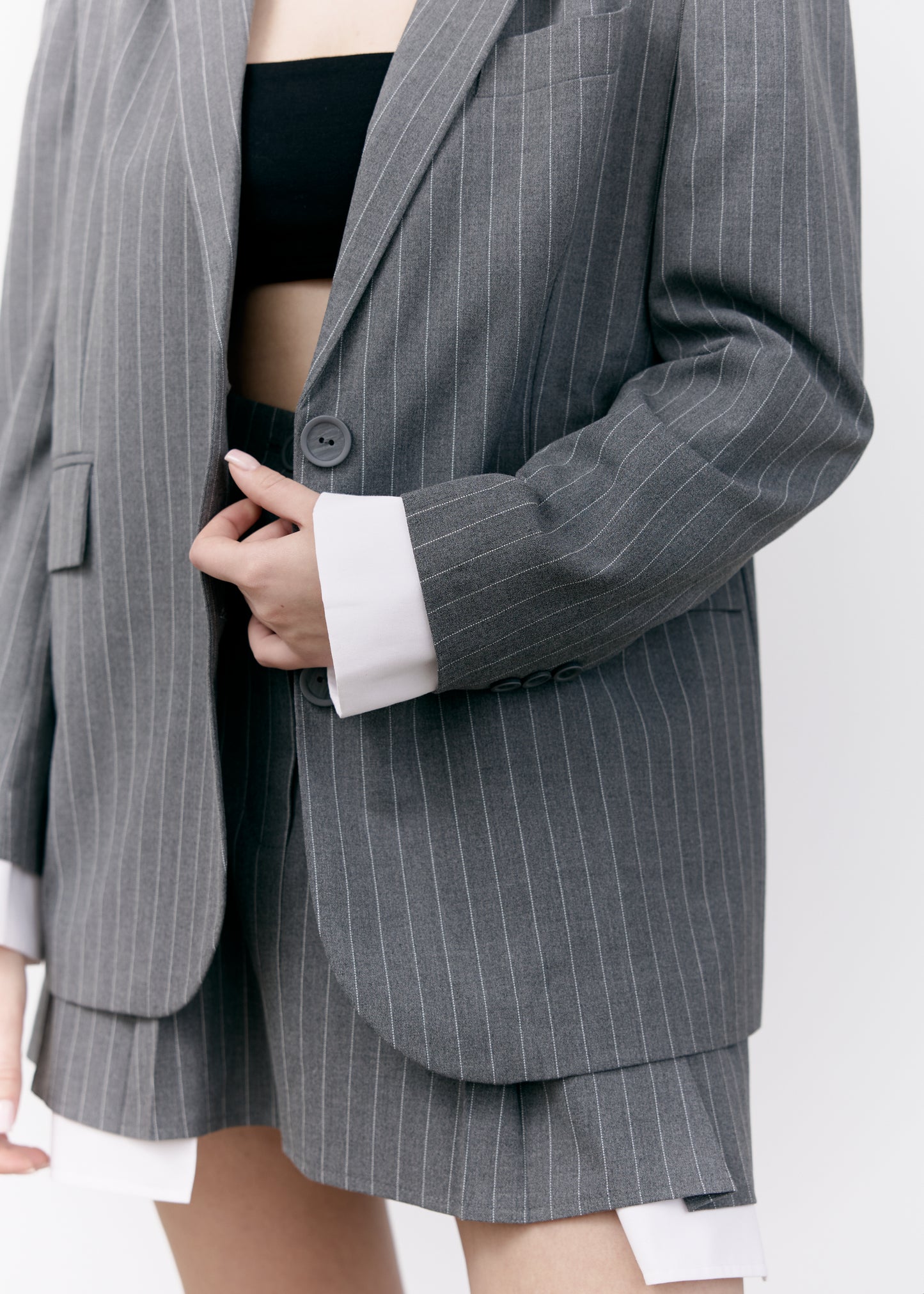 Gray Striped Blazer with Removable White Cuffs