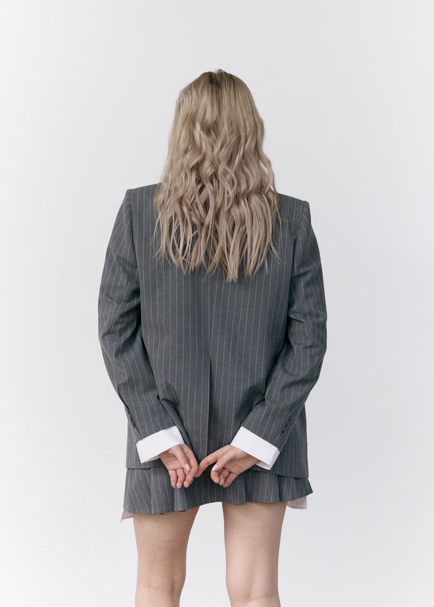 Gray Striped Blazer with Removable White Cuffs