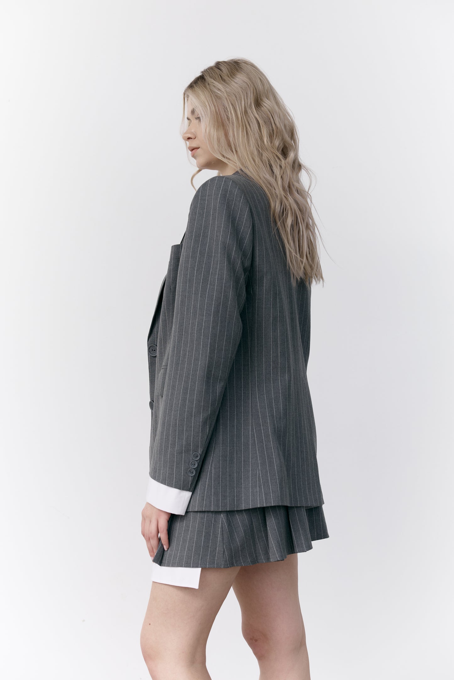 Gray Striped Blazer with Removable White Cuffs