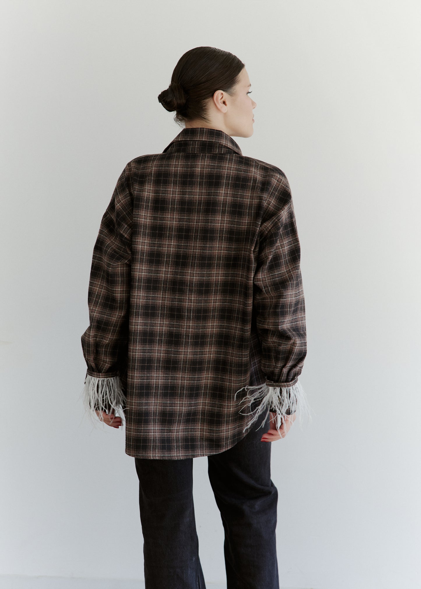Oversized Plaid Shirt with Removable Feather Cuffs and Jabot