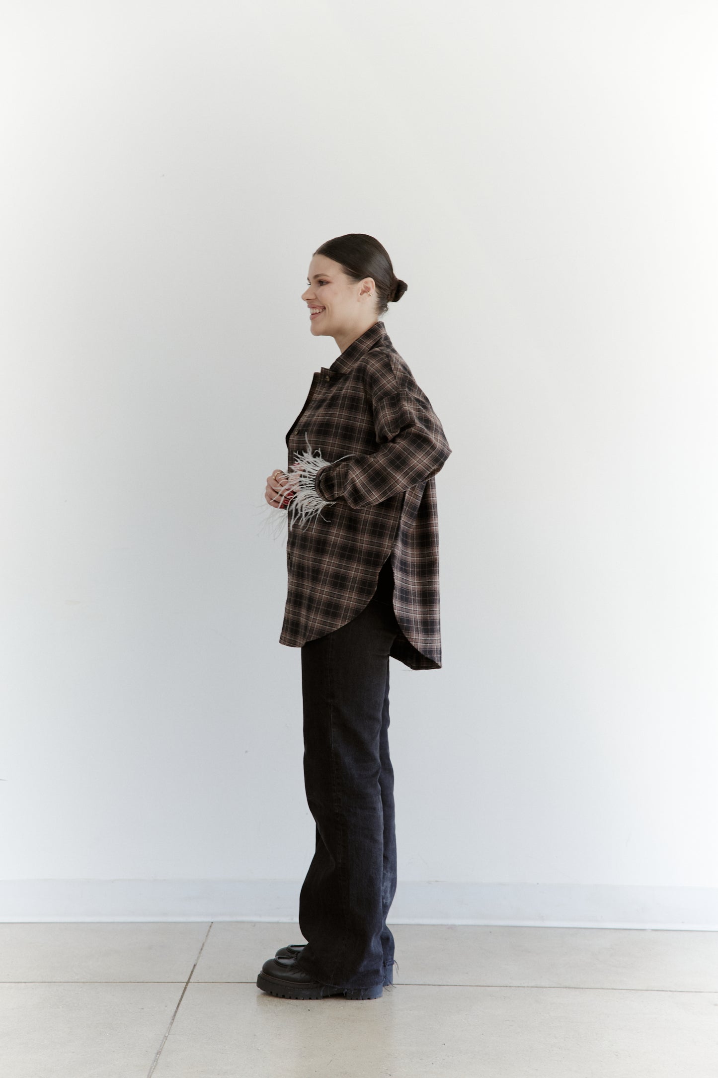 Oversized Plaid Shirt with Detachable Feather Cuffs and Jabot