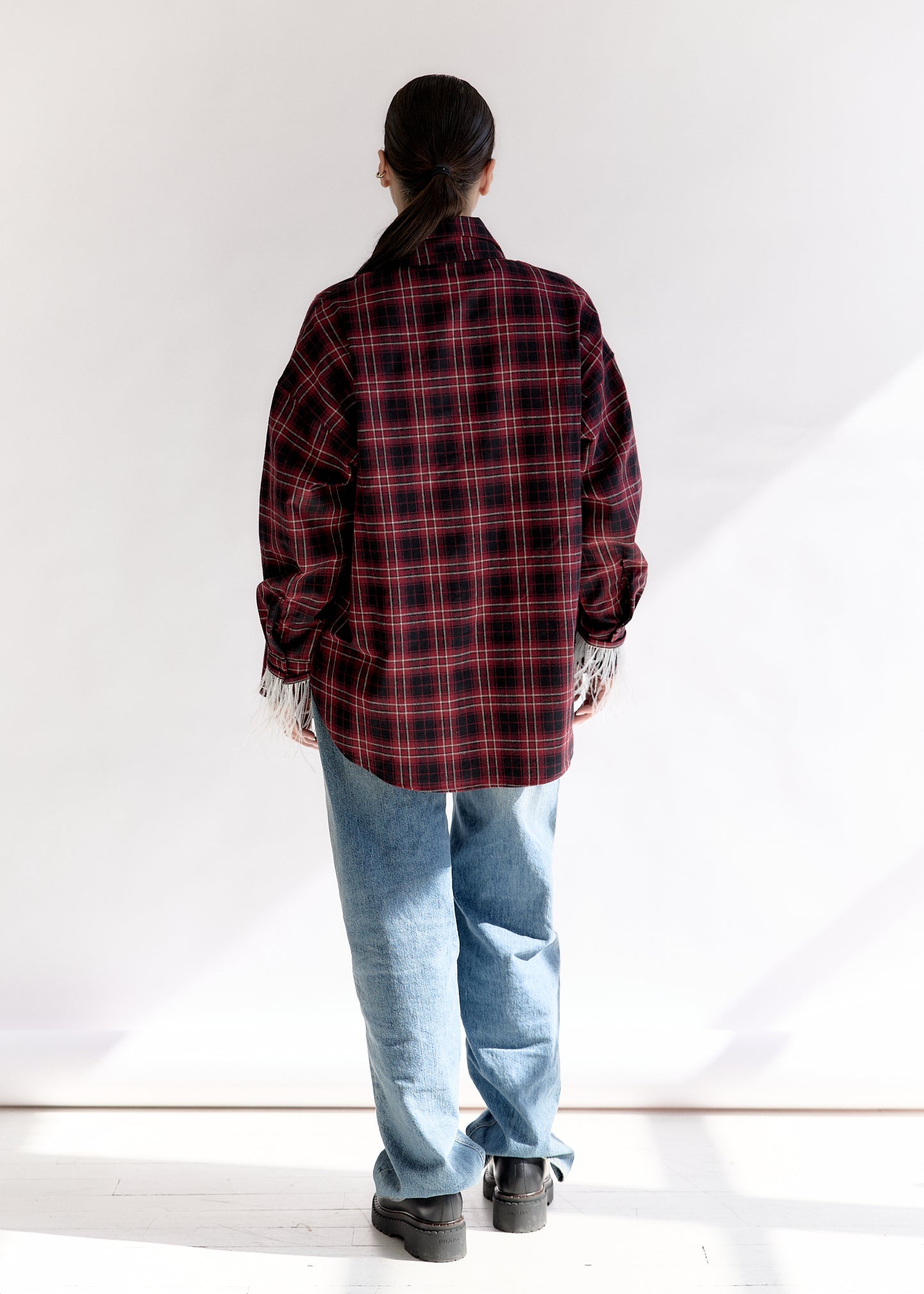 Oversized Plaid Shirt with Detachable Feather Cuffs and Jabot