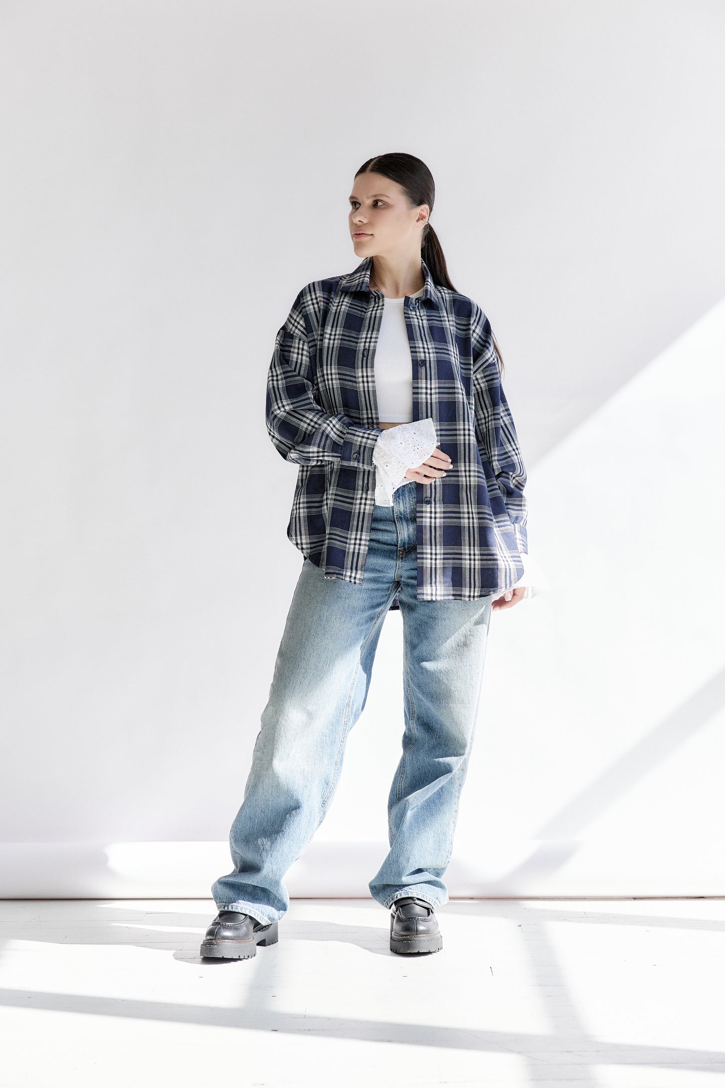 Oversized Plaid Shirt with Detachable Feather Cuffs and Jabot