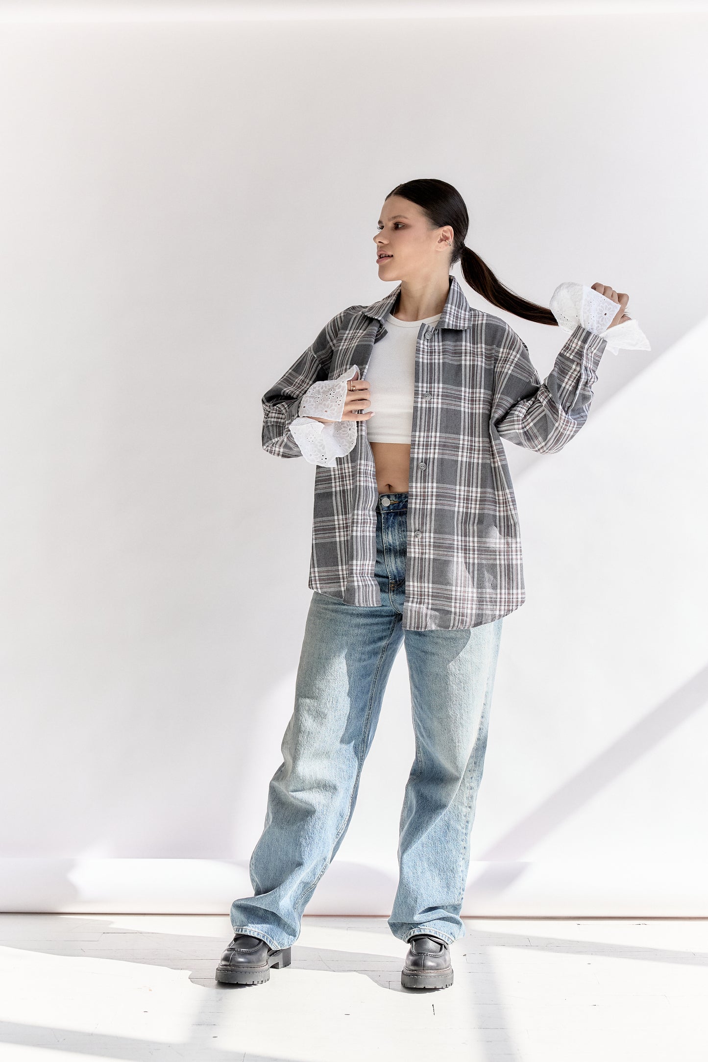 Oversized Plaid Shirt with Detachable Feather Cuffs and Jabot