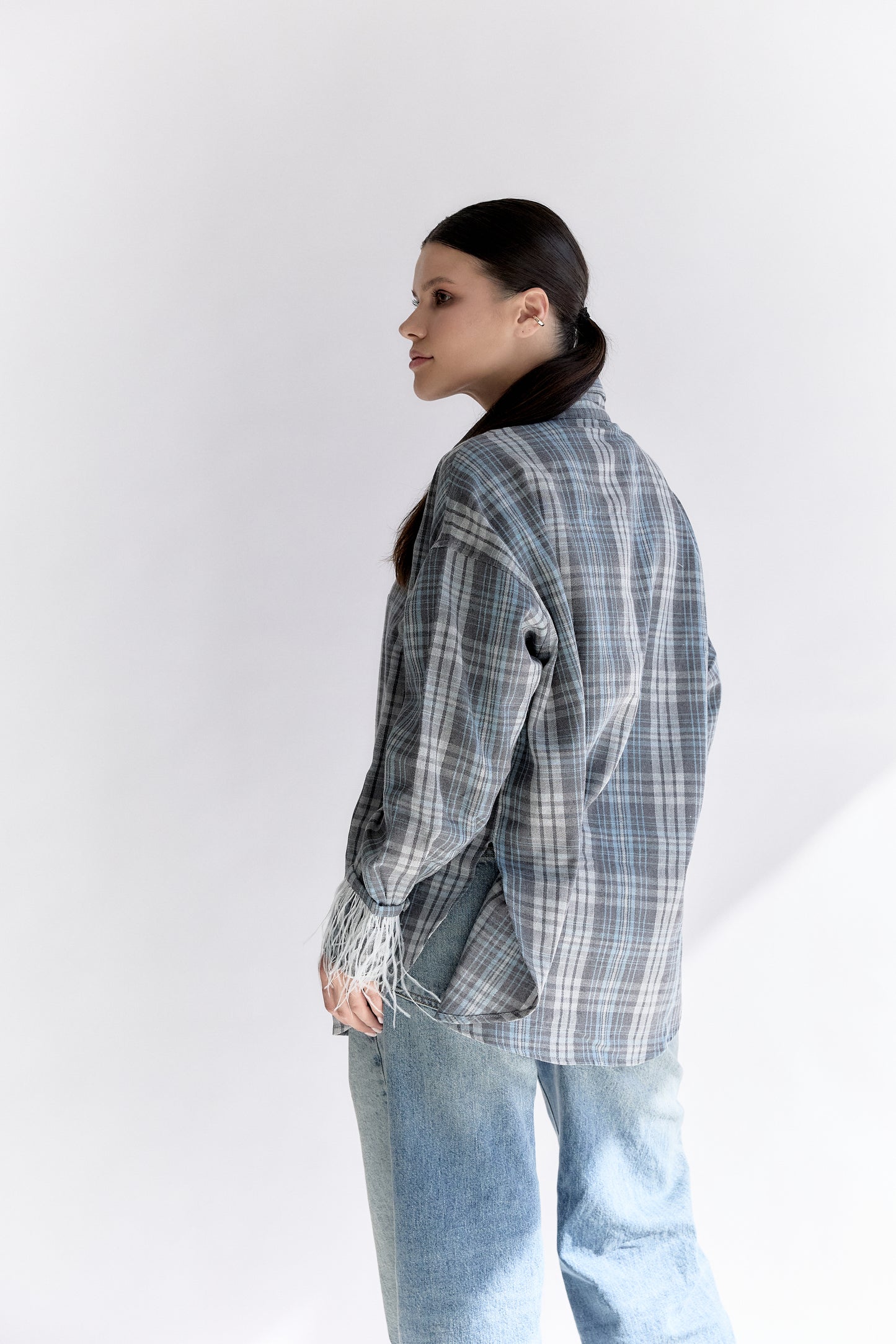 Oversized Plaid Shirt with Detachable Feather Cuffs and Jabot