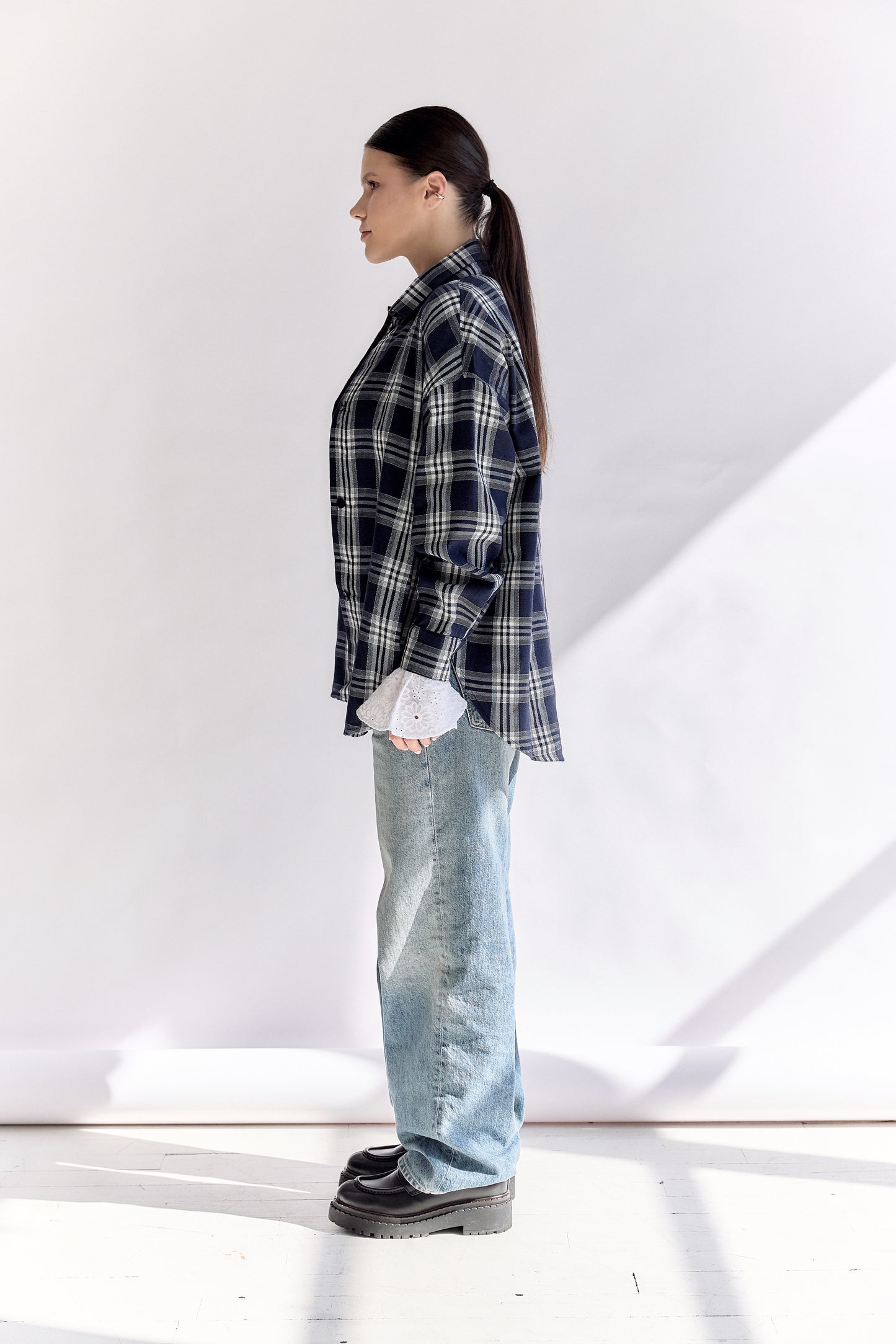 Oversized Plaid Shirt with Removable Feather Cuffs and Jabot