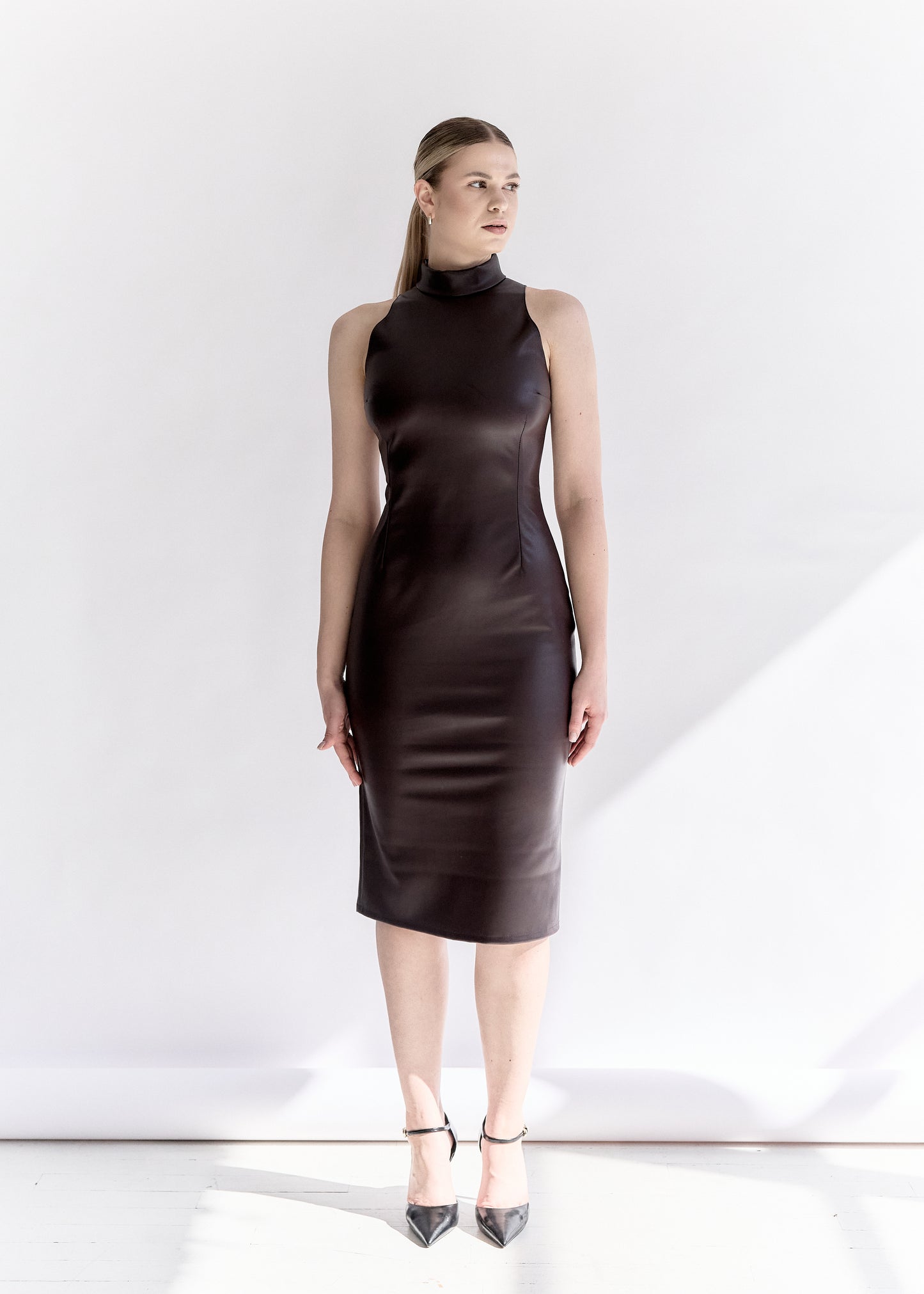 Faux Leather Sleeveless Midi Dress