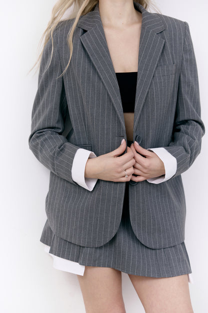 Gray Striped Blazer with Removable White Cuffs