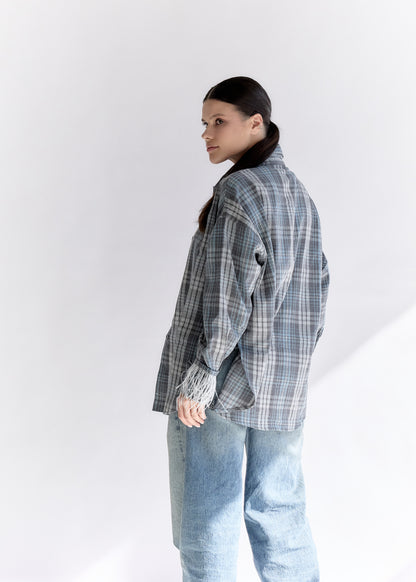 Oversized Plaid Shirt with Detachable Feather Cuffs and Jabot