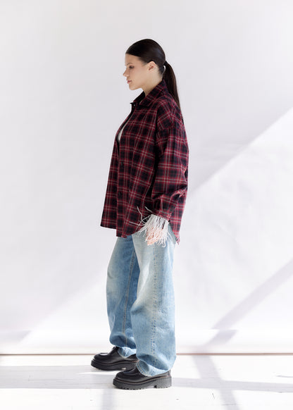 Oversized Plaid Shirt with Detachable Feather Cuffs and Jabot