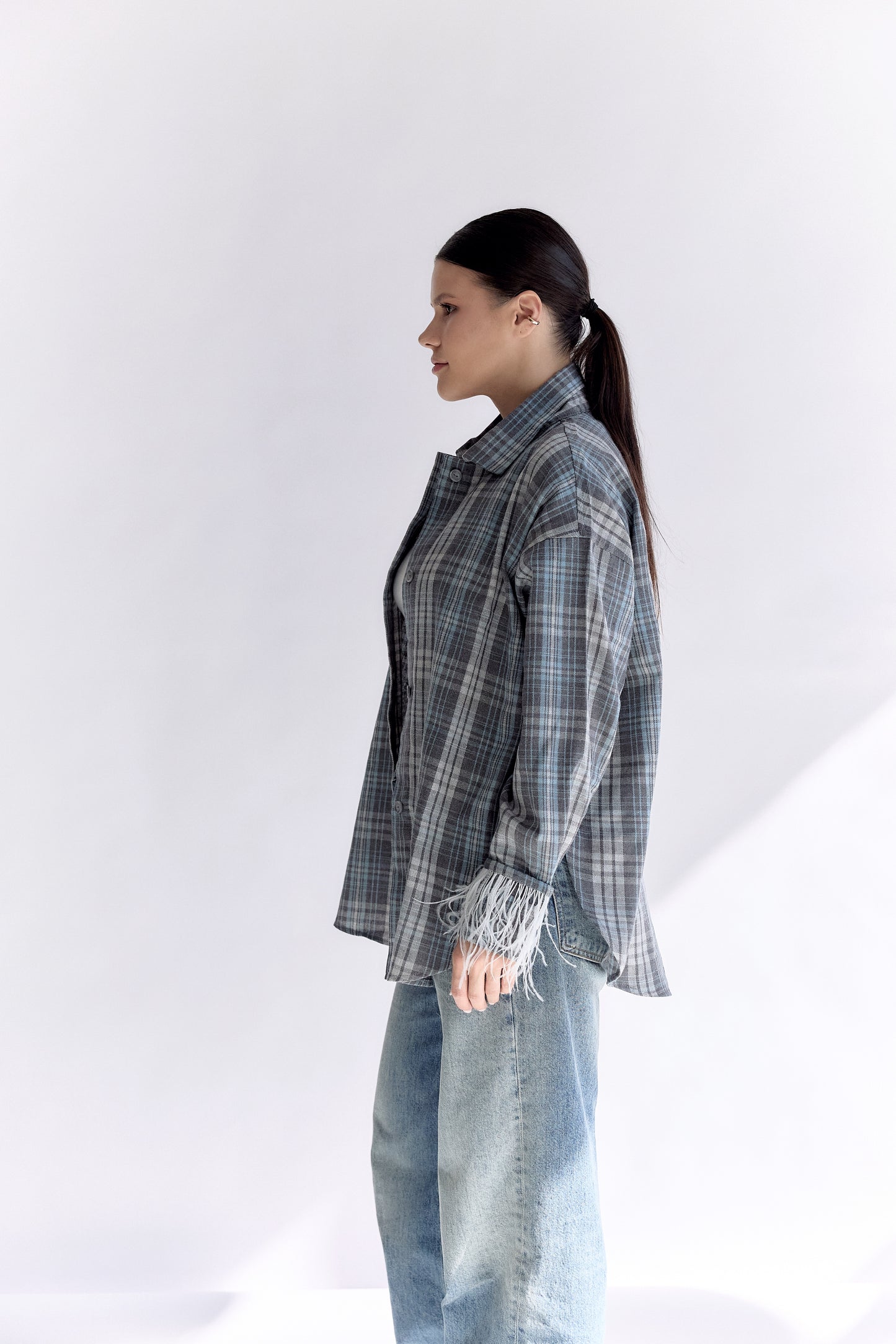 Oversized Plaid Shirt with Detachable Feather Cuffs and Jabot