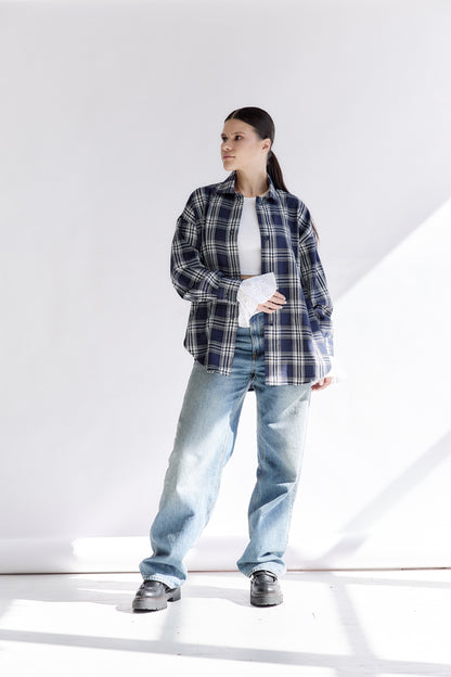Oversized Plaid Shirt with Removable Feather Cuffs and Jabot