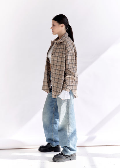 Oversized Plaid Shirt with Detachable Feather Cuffs and Jabot