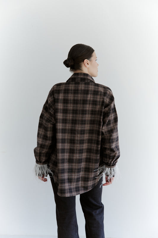 Oversized Plaid Shirt with Detachable Feather Cuffs and Jabot
