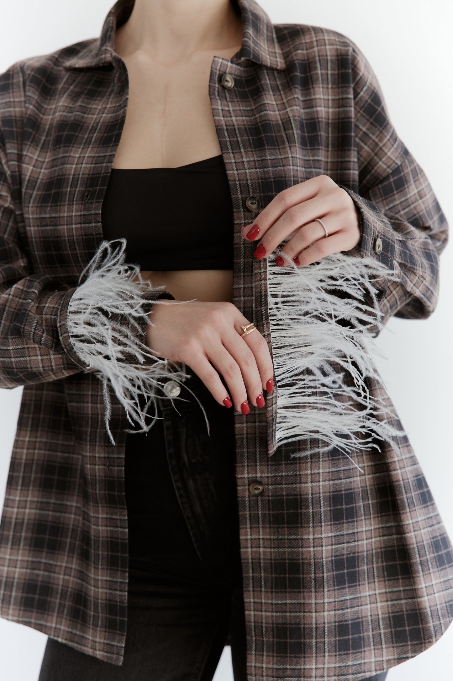 Oversized Plaid Shirt with Detachable Feather Cuffs and Jabot