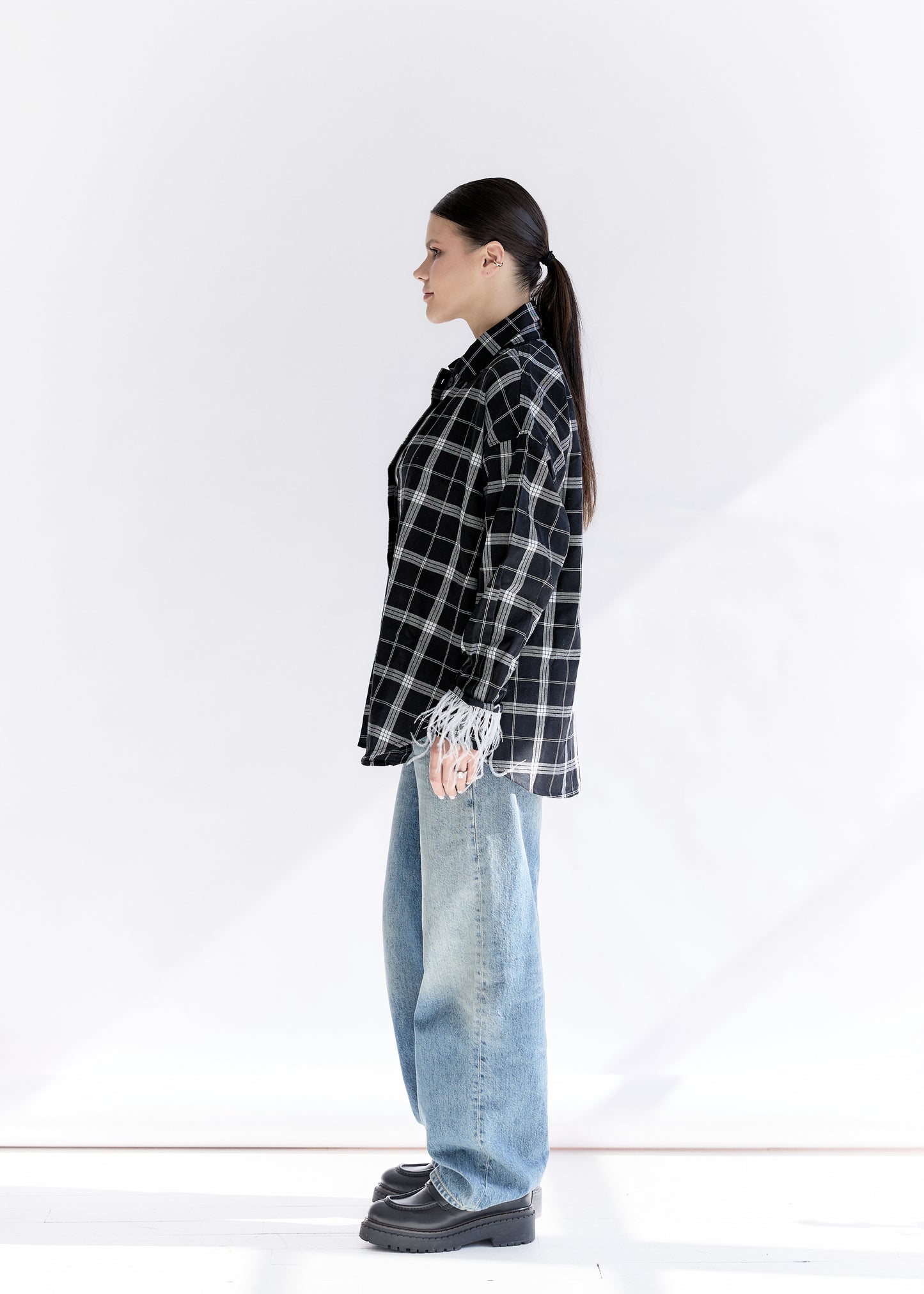 Oversized Plaid Shirt with Removable Feather Cuffs and Jabot