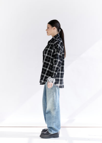 Oversized Plaid Shirt with Removable Feather Cuffs and Jabot