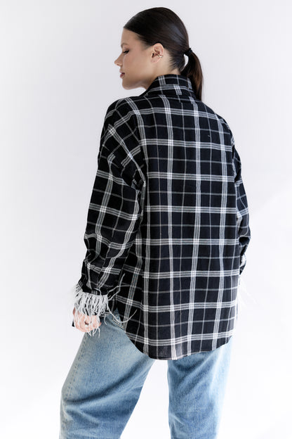 Oversized Plaid Shirt with Detachable Feather Cuffs and Jabot