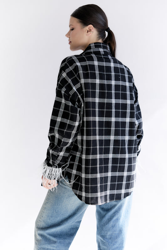 Oversized Plaid Shirt with Removable Feather Cuffs and Jabot