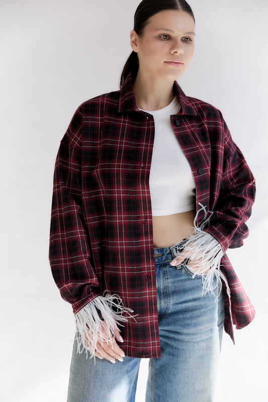 Oversized Plaid Shirt with Detachable Feather Cuffs and Jabot
