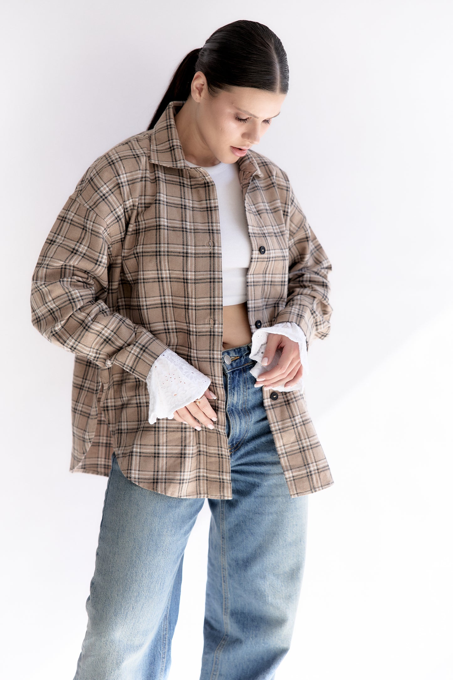 Oversized Plaid Shirt with Detachable Feather Cuffs and Jabot