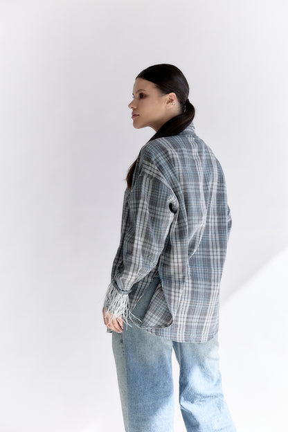 Oversized Plaid Shirt with Detachable Feather Cuffs and Jabot